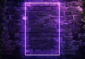 AI generated A neon frame glowing with purple pink light on dark brick wall background, creating an empty space for text or product display. The frame is a rectangle shape for advertising and banner photo