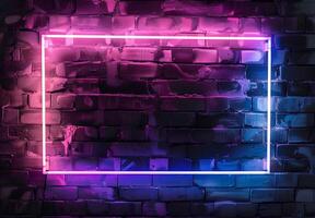 AI generated A neon frame glowing with purple pink light on dark brick wall background, creating an empty space for text or product display. The frame is a rectangle shape for advertising and banner photo