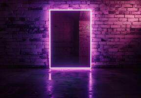 AI generated A neon frame glowing with purple pink light on dark brick wall background, creating an empty space for text or product display. The frame is a rectangle shape for advertising and banner photo