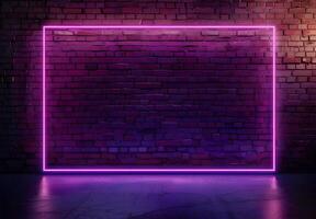 AI generated A neon frame glowing with purple pink light on dark brick wall background, creating an empty space for text or product display. The frame is a rectangle shape for advertising and banner photo