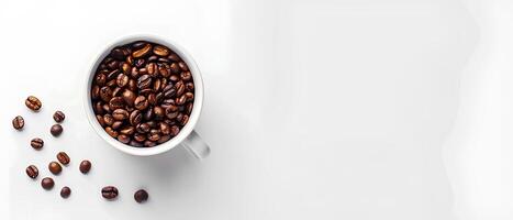 AI generated Minimalistic background with coffee beans and a cup of hot espresso, white space for text or design on the left side, top view.style. White empty space for an advertising banner photo