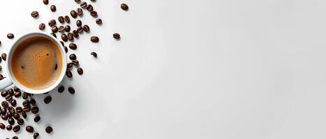 AI generated Minimalistic background with coffee beans and a cup of hot espresso, white space for text or design on the left side, top view.style. White empty space for an advertising banner photo