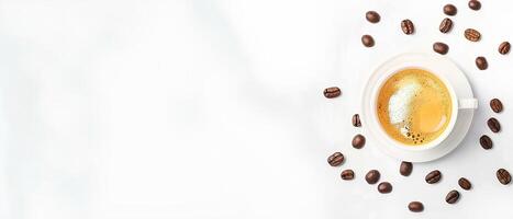 AI generated Minimalistic background with coffee beans and a cup of hot espresso, white space for text or design on the left side, top view.style. White empty space for an advertising banner photo