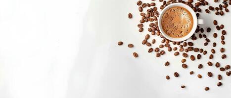 AI generated Minimalistic background with coffee beans and a cup of hot espresso, white space for text or design on the left side, top view.style. White empty space for an advertising banner photo