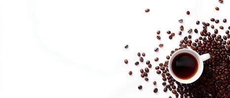 AI generated Minimalistic background with coffee beans and a cup of hot espresso, white space for text or design on the left side, top view.style. White empty space for an advertising banner photo