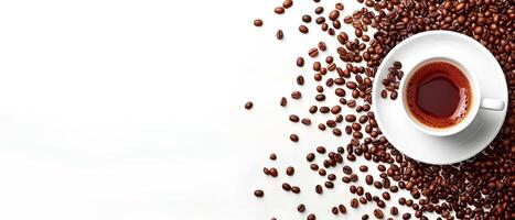 AI generated Minimalistic background with coffee beans and a cup of hot espresso, white space for text or design on the left side, top view.style. White empty space for an advertising banner photo