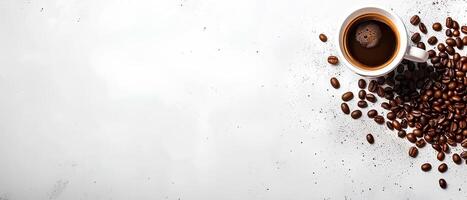 AI generated Minimalistic background with coffee beans and a cup of hot espresso, white space for text or design on the left side, top view.style. White empty space for an advertising banner photo