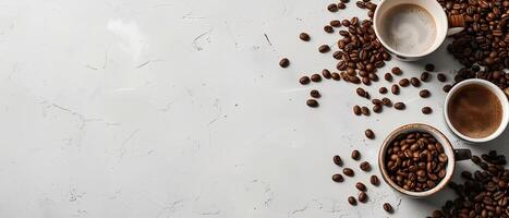 AI generated Minimalistic background with coffee beans and a cup of hot espresso, white space for text or design on the left side, top view.style. White empty space for an advertising banner photo