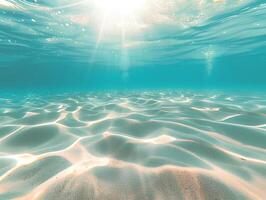 AI generated A beautiful underwater view of the clear, turquoise ocean with a sandy bottom and rays of sunlight filtering through the water. The light reflects off the calm waters photo