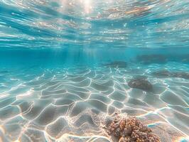 ai generado un hermosa submarino ver de el claro, turquesa Oceano con un arenoso fondo y rayos de luz de sol filtración mediante el agua. el ligero refleja apagado el calma aguas foto