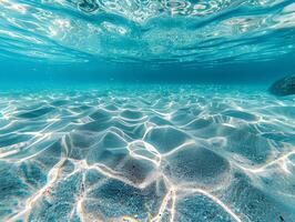 AI generated A beautiful underwater view of the clear, turquoise ocean with a sandy bottom and rays of sunlight filtering through the water. The light reflects off the calm waters photo