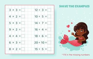 Solve the examples. Multiplication and division up to 20. Mathematical puzzle game. Worksheet for preschool kids. illustration. Cartoon educational game with cute mermaid for children. vector