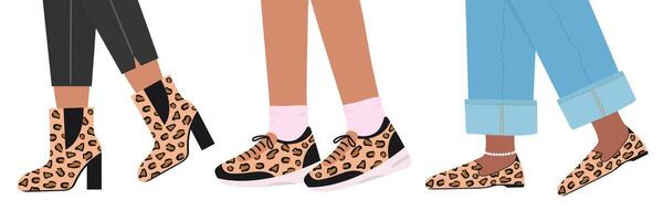 Set of female legs in the sneakers, shoes, boots vector