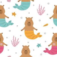 Seamless pattern with capybaras with mermaid tail vector