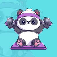 Cute pandas sit on a mat doing weightlifting vector