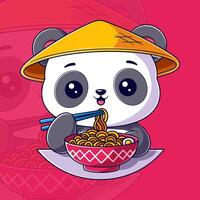 Cute pandas eat red bowl ramen vector