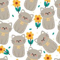 flor y gato de dibujos animados de patrones sin fisuras. lindo papel tapiz animal para textiles, papel de regalo vector