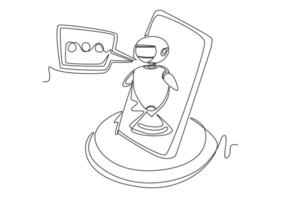 Continuous one line drawing Online communication with chat bot concept. Doodle illustration. vector