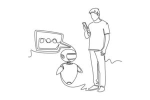 Continuous one line drawing Online communication with chat bot concept. Doodle illustration. vector