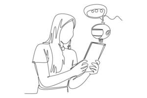Continuous one line drawing Online communication with chat bot concept. Doodle illustration. vector