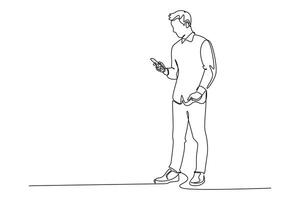 Continuous one line drawing People holding, using mobile phones concept vector