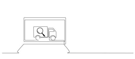 laptop computer online order cargo tracking vehicle screen background one line art design vector