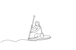 young beautiful woman canoe boat kayak calm holiday water sport lifestyle one line art design vector