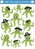 Find two same water animals. Under the sea matching activity for children. Ocean life educational quiz worksheet for kids for attention skills. Simple printable game with cute pirate octopuses vector