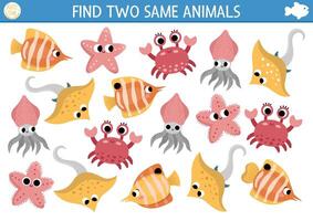 Find two same water animals. Under the sea matching activity for children. Ocean life educational quiz worksheet for kids for attention skills. Simple printable game with cute fish, crab, starfish vector