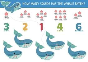 Match the numbers under the sea game with whale eating squid. Ocean life math activity for preschool kids. Marine educational counting worksheet with cute water animals vector