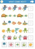 What comes next. Under the sea matching activity for preschool children with traditional ocean life symbols and characters. Water adventures logical worksheet. Continue the row game vector