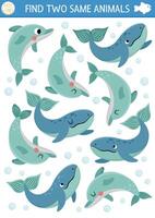 Find two same water animals. Under the sea matching activity for children. Ocean life educational quiz worksheet for kids for attention skills. Simple printable game with cute whales and dolphins vector