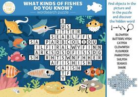 under the sea word search puzzle for kids. Simple ocean life word search quiz for children. Water animals and fish educational activity. What kinds of fishes do you know vector