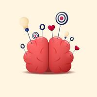 Brain with an idea in the form of a light bulb, a target with a goal, love with a heart and an action with a gear. vector