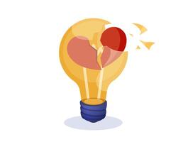 Broken light bulb and heart. The concept of the relationship between mental state and creative ideas. illustration. vector