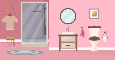 Bathroom interior, modern bathroom with shower, toilet, sink and mirror. illustration in flat style. Interior concept. Home and interior decor. vector