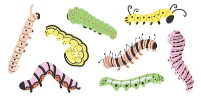 set of colorful caterpillars. Spring caterpillars in different poses. Isolated objects on white background. Hand-drawn illustration, banner. vector