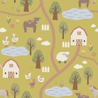 Farm seamless pattern with farm house, trees and animals, hand drawn cute kids background vintage retro pallete vector