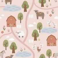 Farm seamless pattern with farm house, trees and animals, hand drawn cute kids background vintage retro pallete vector