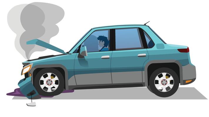 Cartoon or Illustration of car accident. Driver was trapped inside with the airbag deployed. Broken front bumperHood opened and smoke came out and oil leaked. Isolated white background.