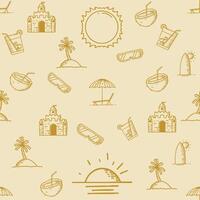 two-color seamless pattern with beach themes such as coconut trees, sand castles, fresh drinks, summer themes, can be used for printing on fabric, wallpaper, digital decoration, vector