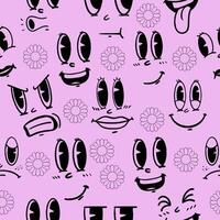 two-color seamless pattern with cartoon facial expression elements, groovy elements and floral decorations, can be used for prints on fabric, wallpaper, digital decoration, vector