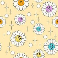 seamless pattern of cartoon flowers with faces, botanical seamless patterns, groovy seamless patterns, can be used for printing on fabric, wallpaper, digital decoration, vector