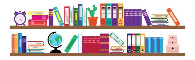 bookshelf rack illustration, stack of books, globe and clock vector