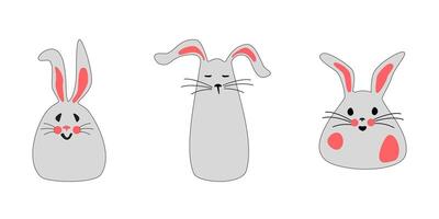 Set of cute gray rabbits with pink ears. Easter bunnies for printing on childrens products, stickers and cards on a white background. isolated illustration. vector