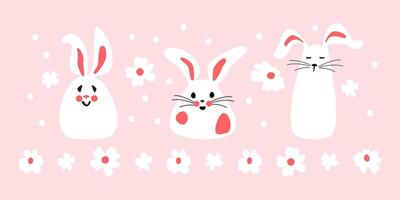 Set of cute white rabbits with flowers. Easter bunnies for printing on kids products, stickers and banners on a pink background. Cartoon illustration. vector