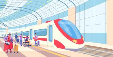 Train Station. An electric train on a platform with passengers. Inclusion human. Fat fashionable woman with a suitcase. Meeting and waiting people with luggage. vector