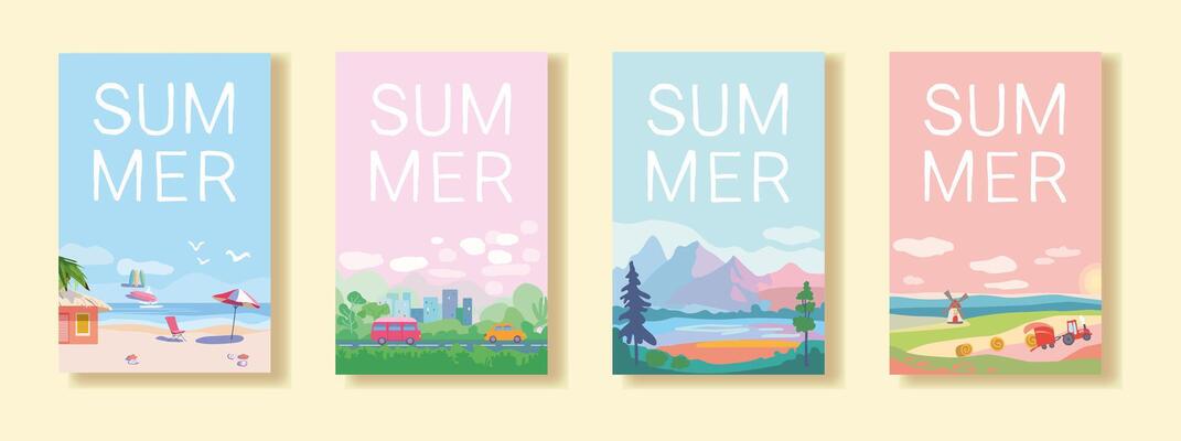Set of summer travel and vacation posters. Landscapes of sea resorts, mountains and fields. Road with trees and transport near the city. Template for poster, web page or banner. Flat