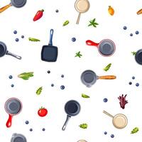 Seamless pattern with frying pans on a white background for printing in cafe and restaurant menus. Bright dishes for roasting and stewing food with spices and lettuce. illustration for vector