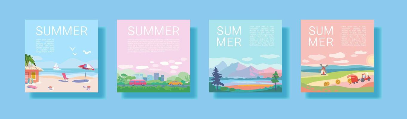 Set of summer travel and vacation posters. Landscapes of sea resorts, mountains and fields. Road with trees and transport near the city. Template for poster, web page or banner. Flat